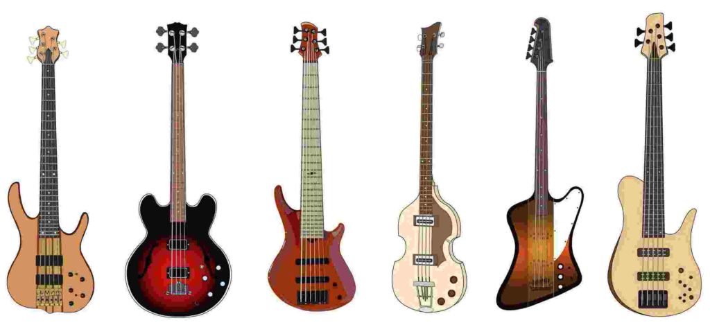 Six different types of bass guitars.