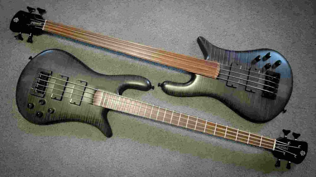 Fretted and fretless bass guitars comparison.